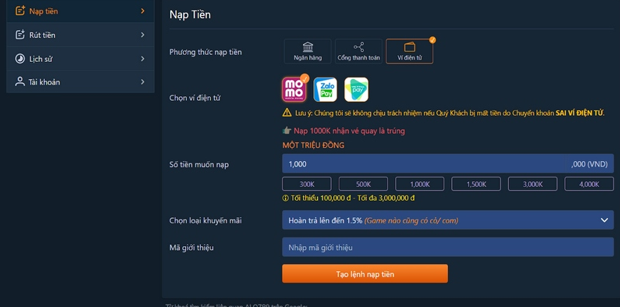 Hướng dẫn nạp tiền Alo789 đơn giản qua 3 phương thức thanh toán 3 Nạp tiền bằng ví điện tử